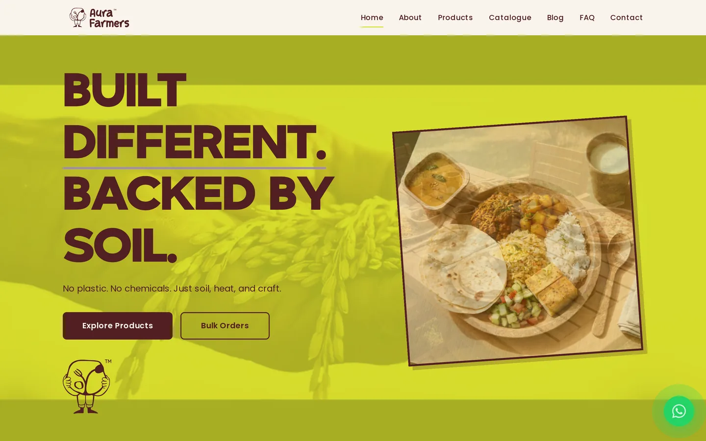 The Aura Farmers homepage, Built Different, Backed By Soil, with the rice husk tableware range
