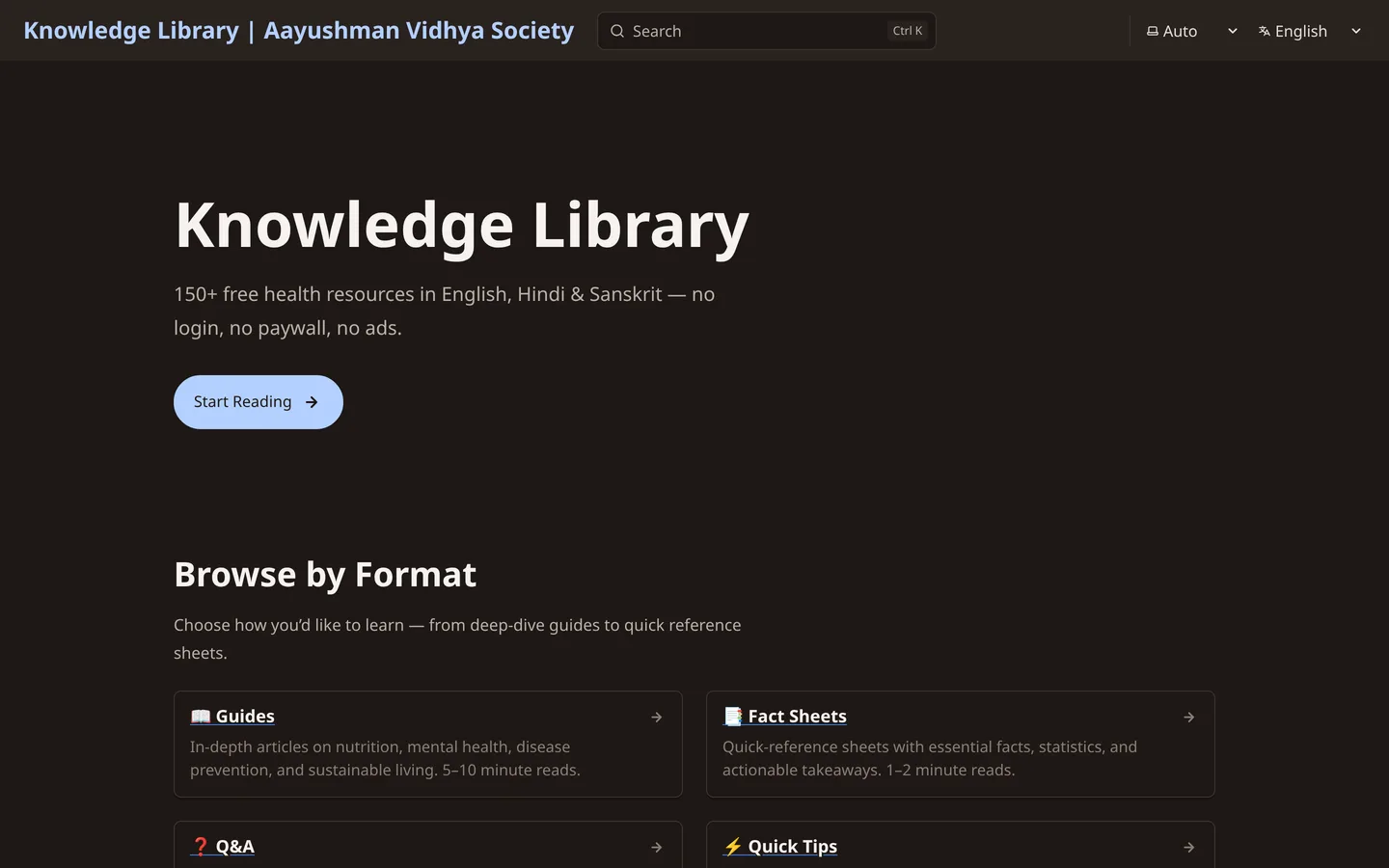 The Knowledge Library rendered in dark mode, with warm off white text on a near black background and the same layout as the light version.