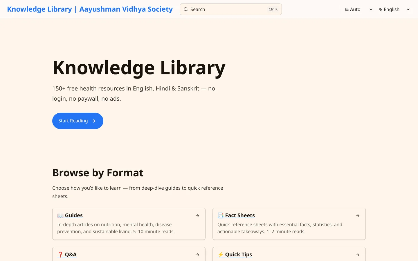The Knowledge Library landing page, describing 150 plus free health resources in English, Hindi and Sanskrit with no login, no paywall and no ads, above a Browse by Format grid of Guides, Fact Sheets, Q and A and Quick Tips.
