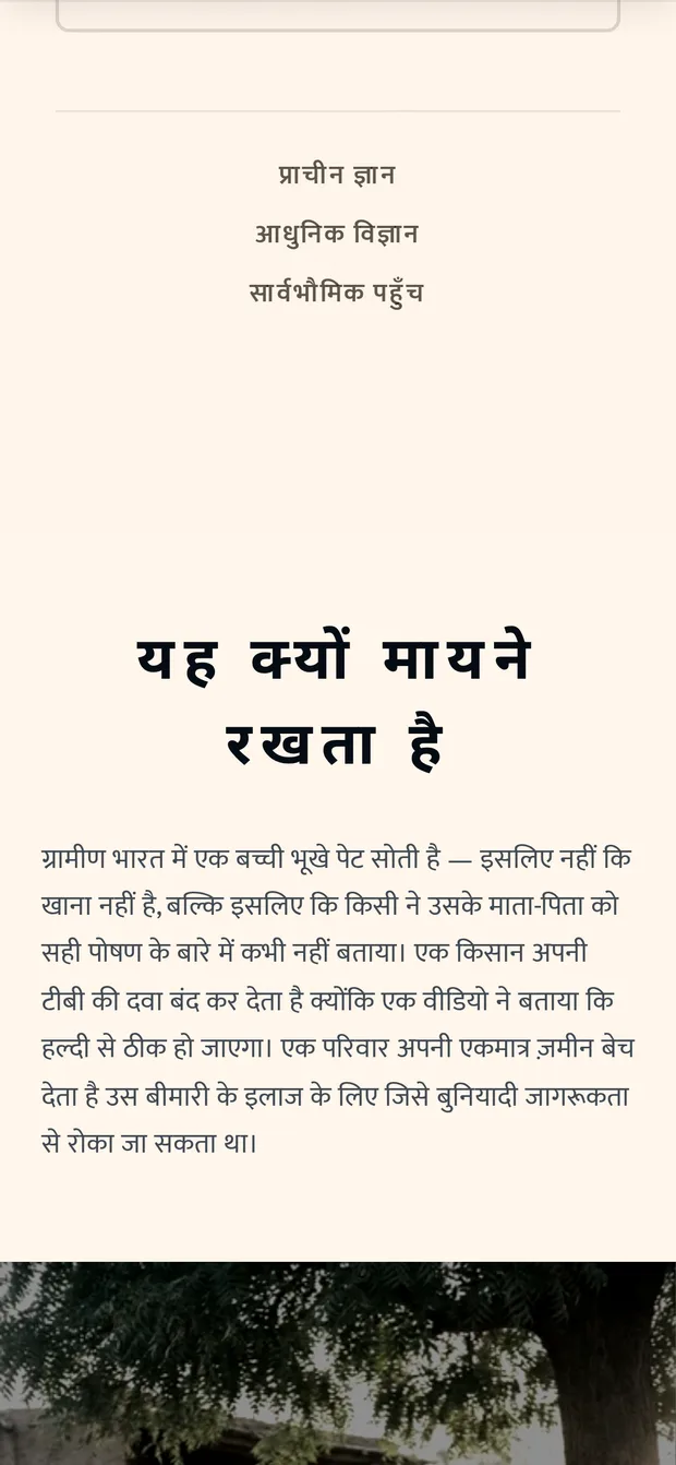 The Hindi homepage on a phone screen, showing a section headed यह क्यों मायने रखता है followed by several paragraphs of Hindi body text at a comfortable reading size.