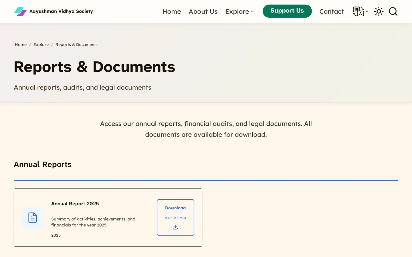The Reports and Documents page on the NGO website built by Startup Savera, listing the Annual Report 2025 with a PDF download link and file size.