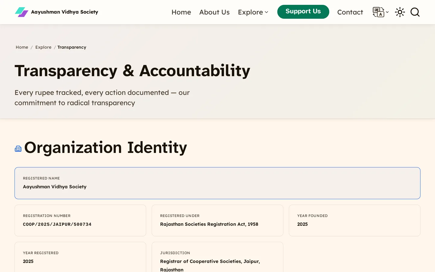 The Transparency and Accountability page of the Jaipur NGO website, headed Organization Identity, publishing the registered name, registration number COOP slash 2025 slash JAIPUR slash 500734, the Rajasthan Societies Registration Act 1958, the year founded and the Jaipur jurisdiction.
