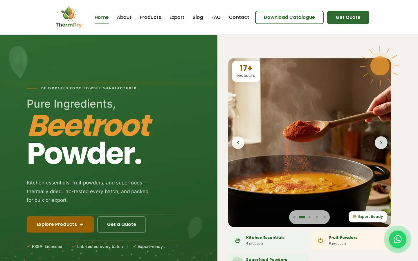 The ThermDry homepage, showing the beetroot powder hero and the three product categories